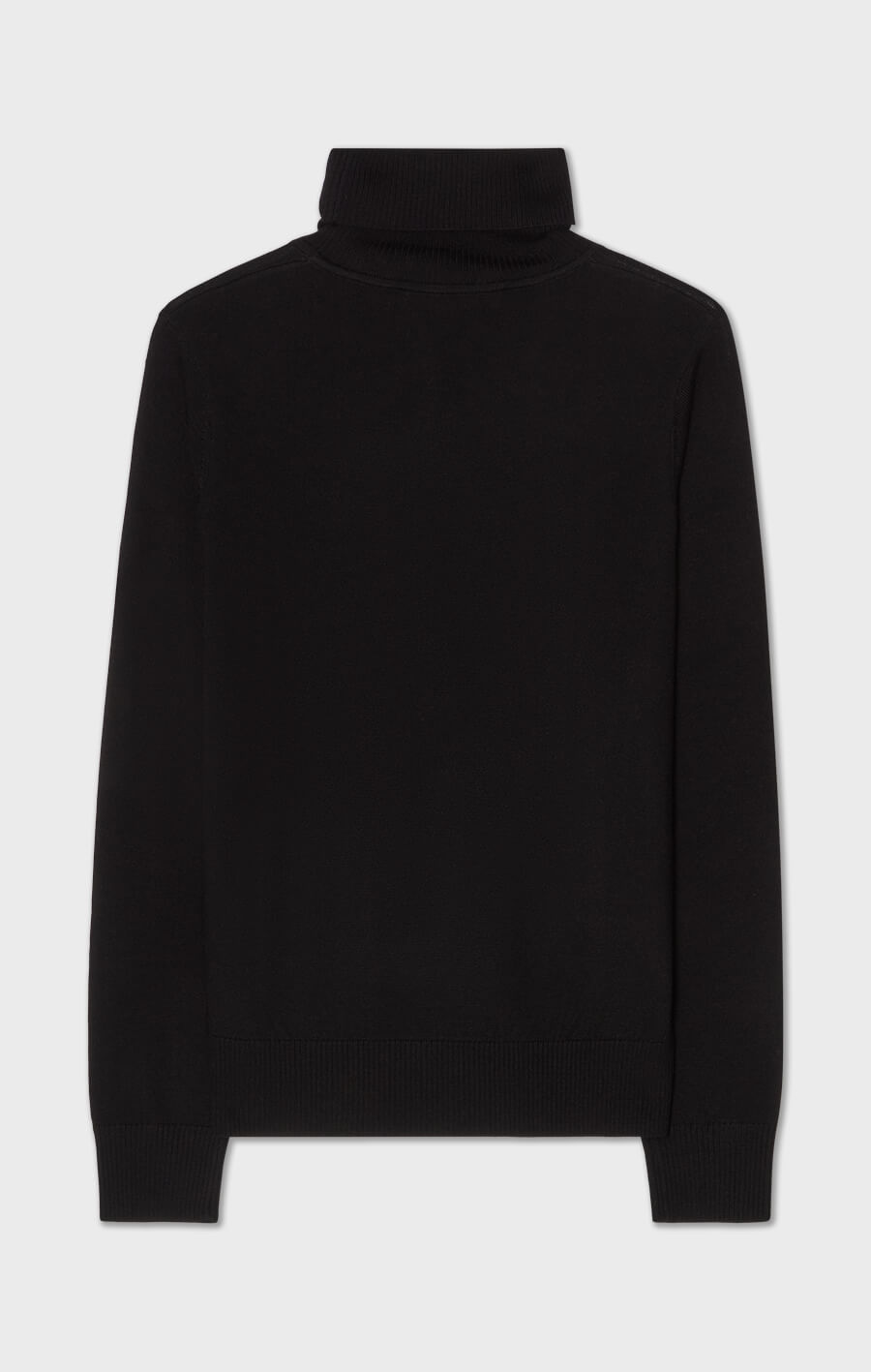 Black turtleneck sweater on a light gray background
