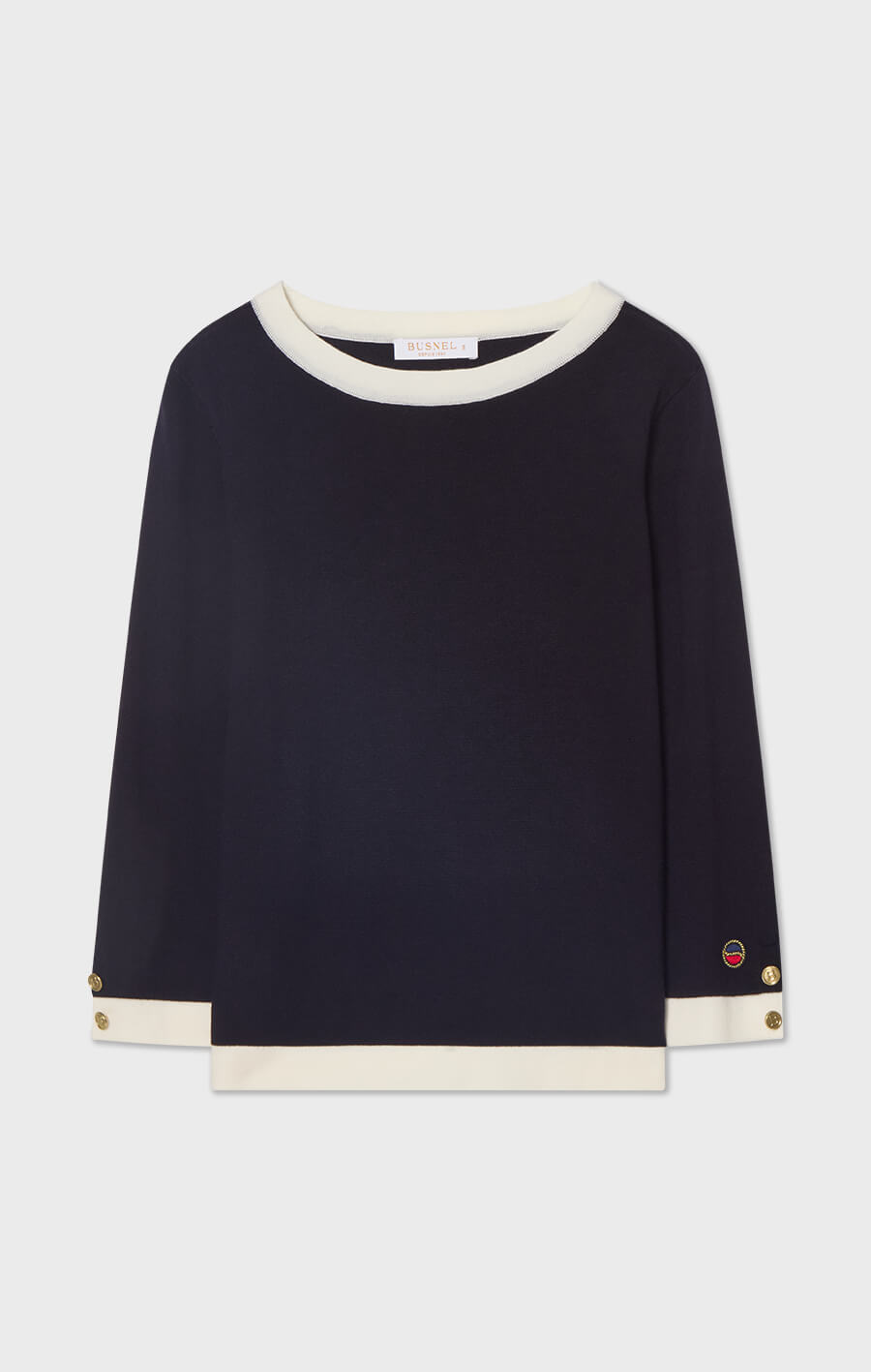 Helen stickad topp i merinoull mörkblå/crèmevit