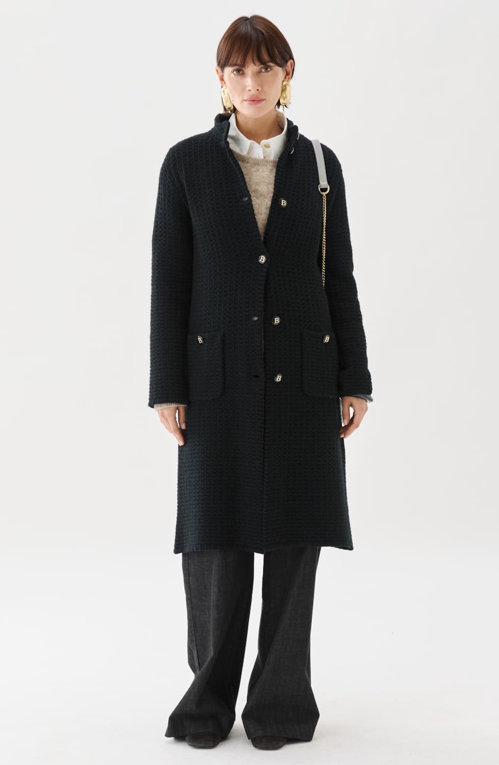 Nayelle Knitted Structure Wool Coat Black