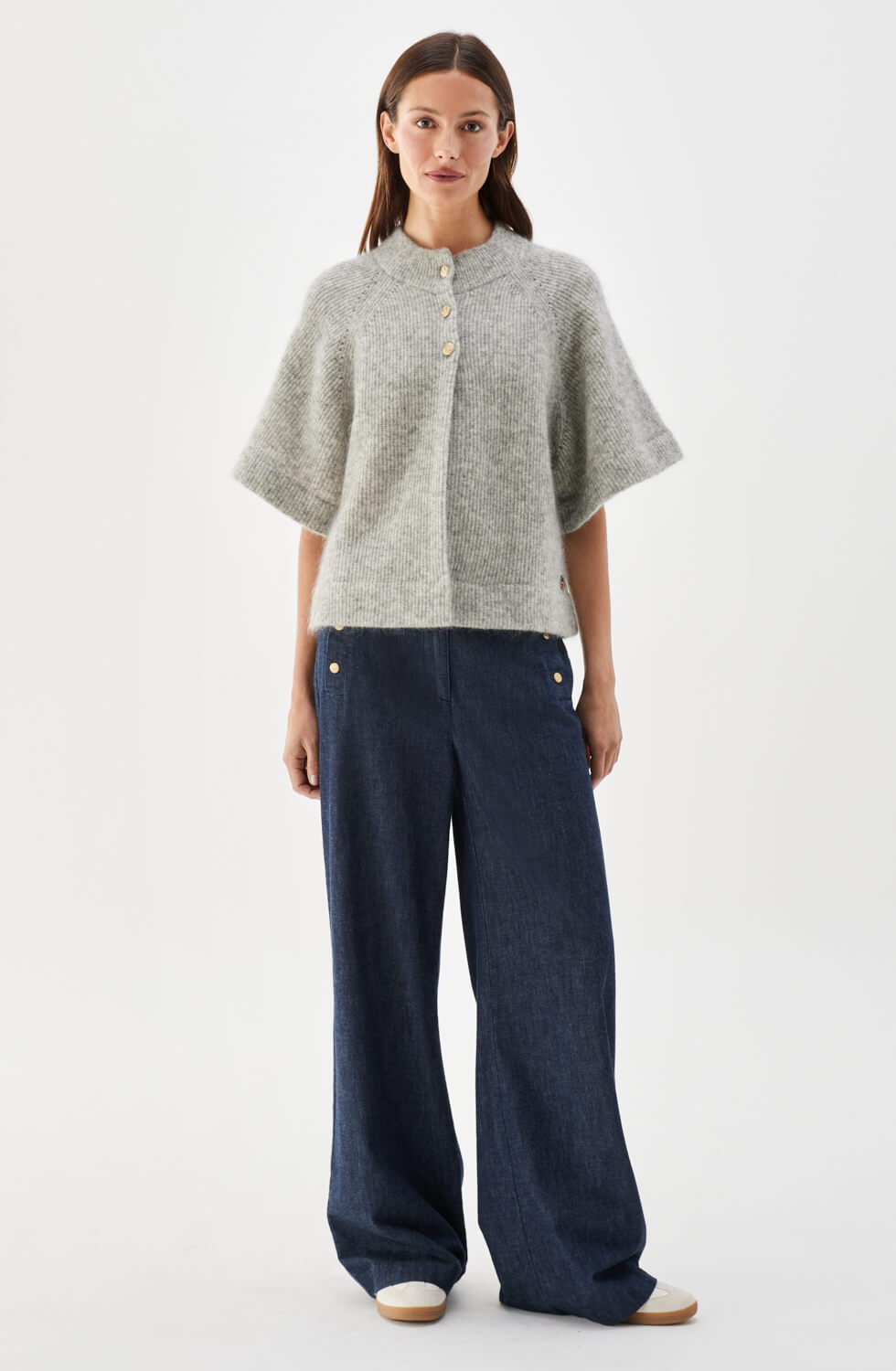 Vilanie Short-Sleeve Mohair Cardigan Light Grey Melange