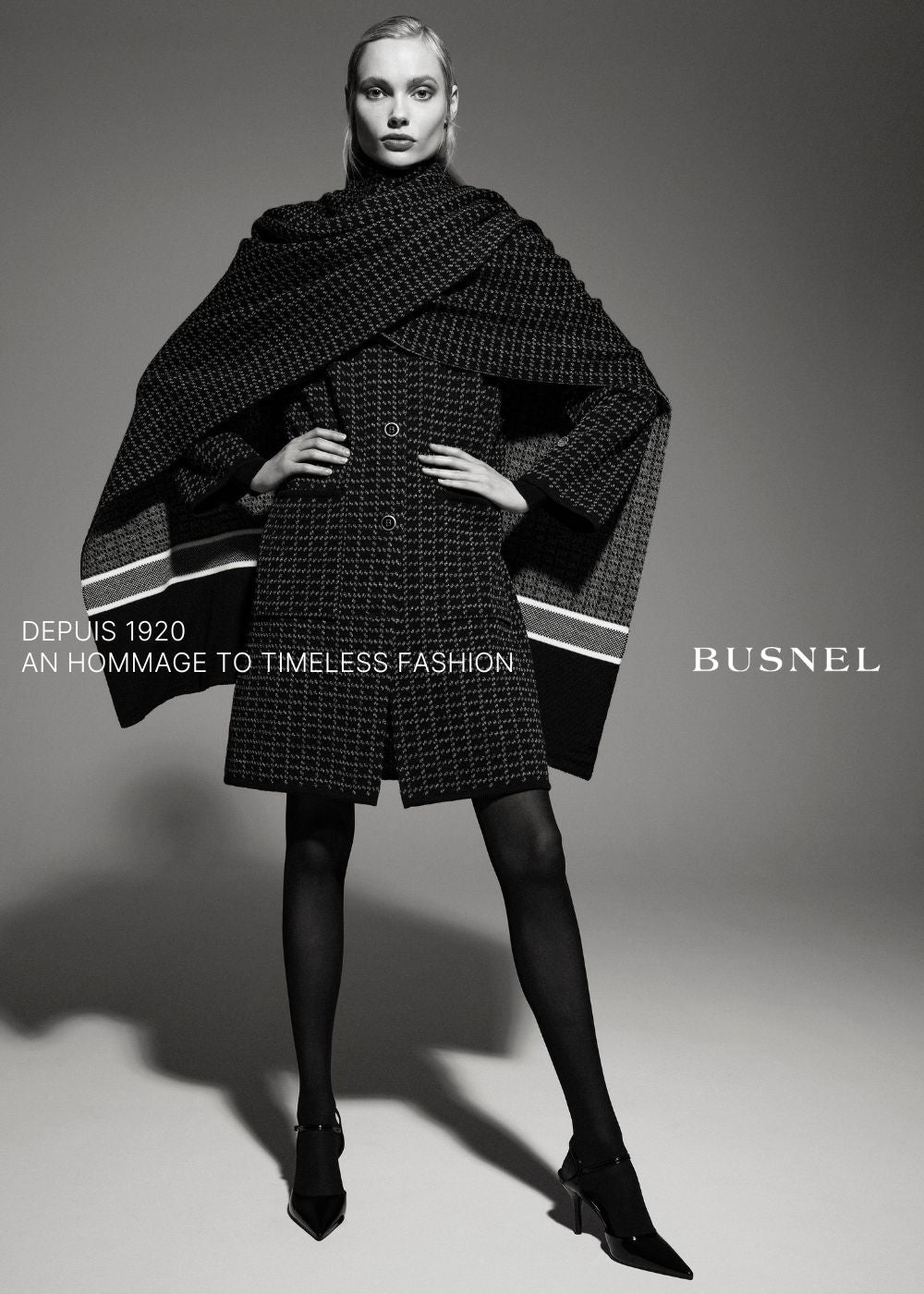Busnel campiagn image an hommage to timeless fashion. Black and white timeless fashion image, checked wool set.