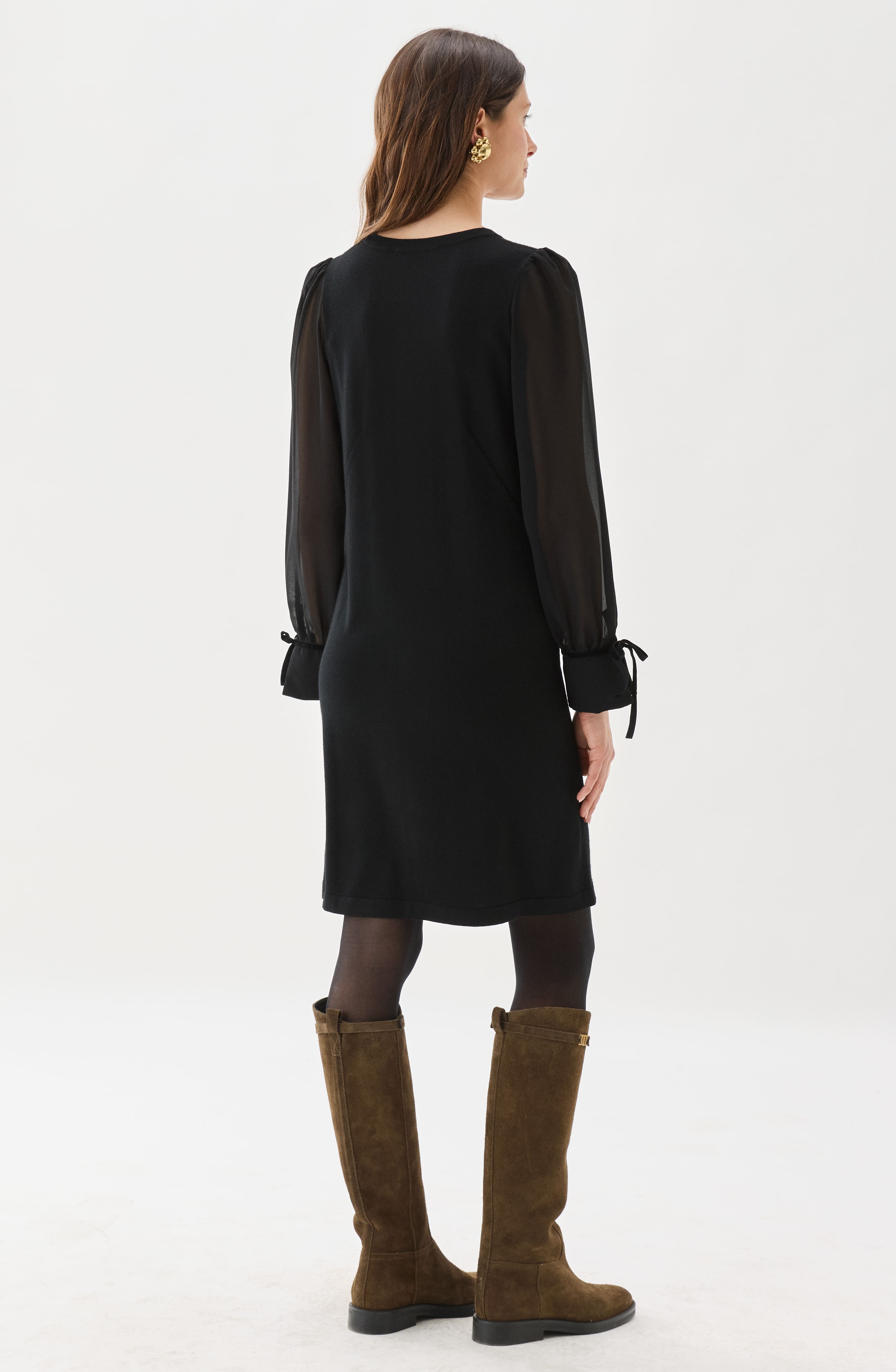 Francine Merino Wool Dress Chiffon Sleeves Black