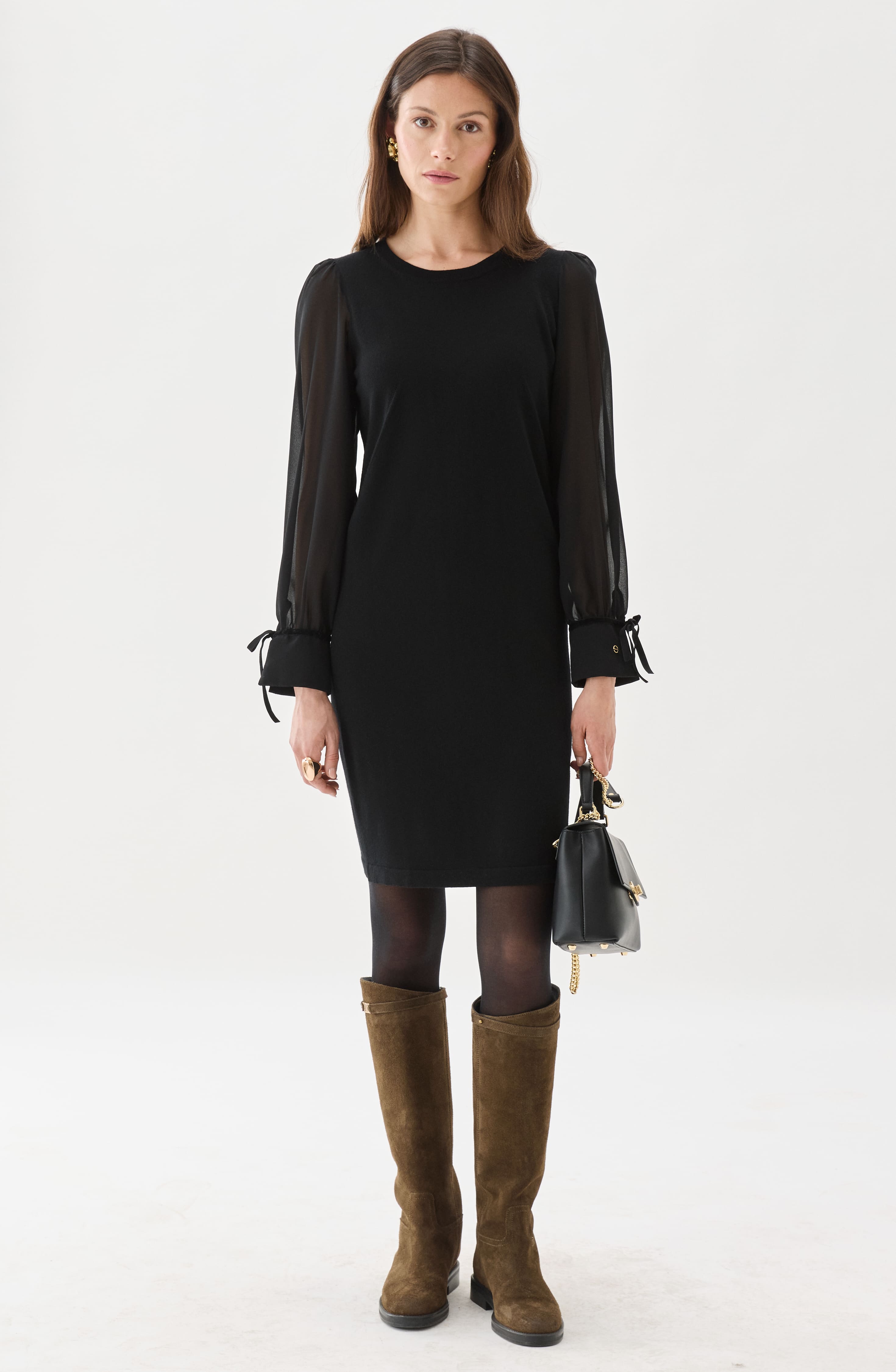 Francine Merino Wool Dress Chiffon Sleeves Black