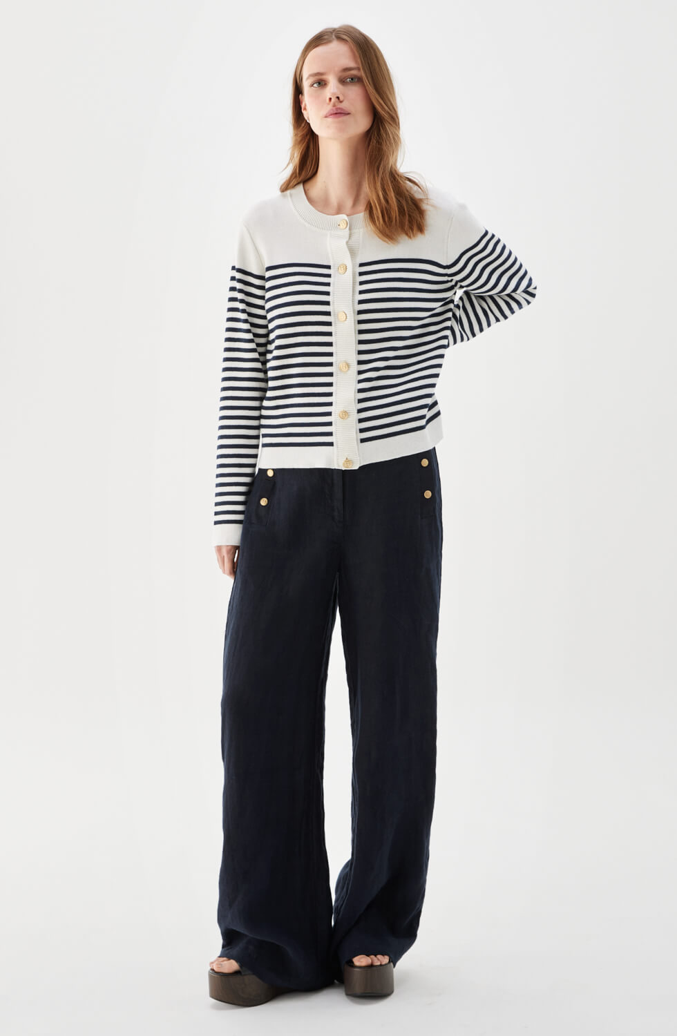 Lizzie Striped Cotton Cardigan Ecru/Marine