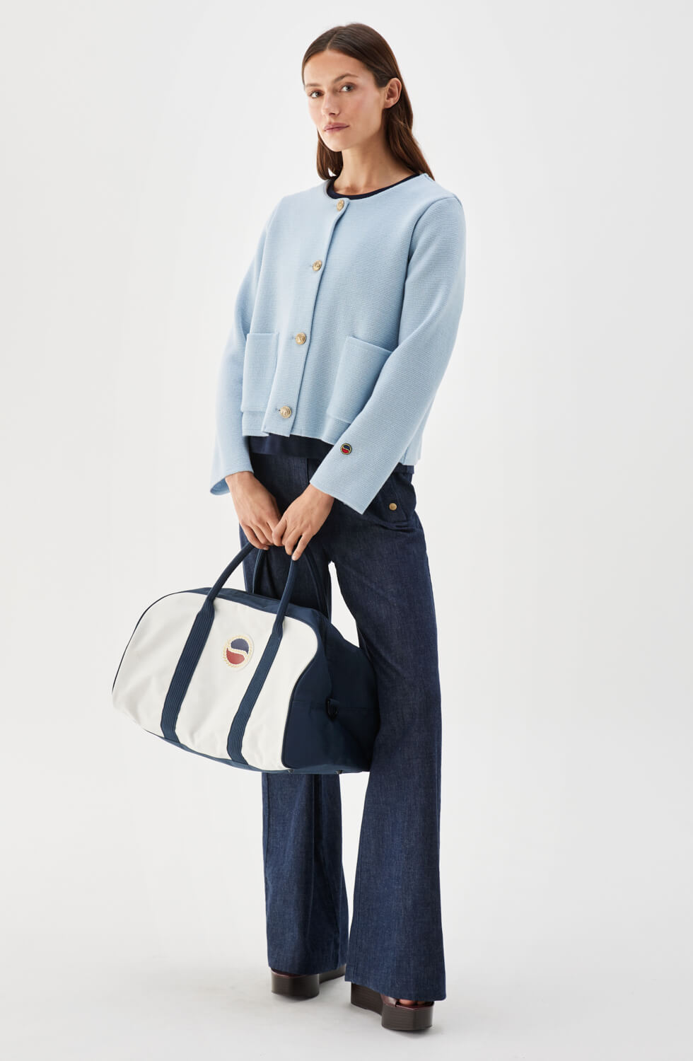 Macey stickad jacka i ull ljusblå